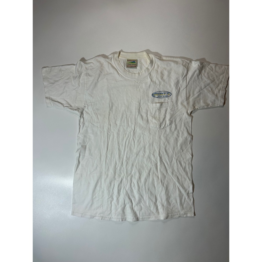 Marshall Madruga Bert's Surf Shop T-Shirt Mens L White Good Mahi Mahi Pocket Tee